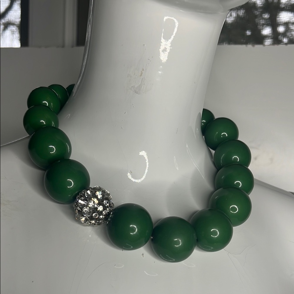 Elegant Green Beaded Necklace 19”-22”Adjustable with Crystal Large Bead Accent
